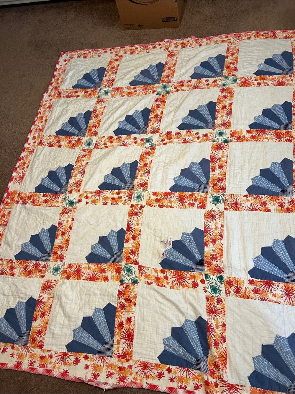 Vintage handmade fan quilt. 85”x72”. Some flaws.
